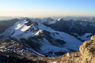 24 Horcones Glacier, Cerro de los Horcones, Cuerno, Manso In Foreground And Cerro Pan de Azucar, Cerro El Tordillo, Piloto, Alma Blanca Beyond At Sunset From Aconcagua Camp 3 Colera.jpg